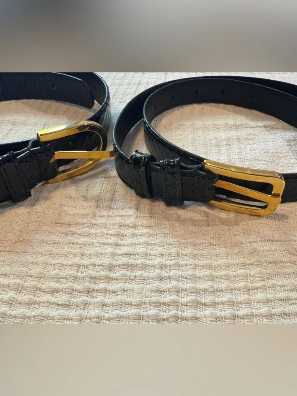 Vintage Calvin Klein 2 Black Snakeskin Belts- Lot/Duo Gold Buckle Size Small